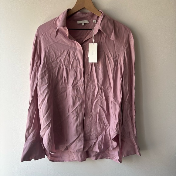 Vince RELAXED LONG SLEEVE SILK BLEND BUTTON-UP BLOUSE IN LILAC STONE Sz L - Picture 2 of 8